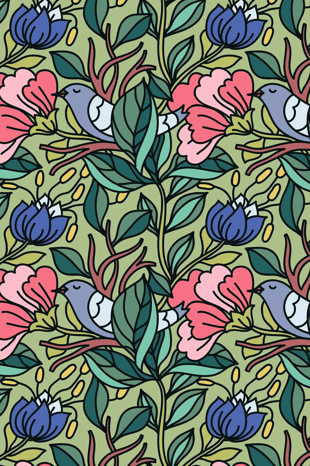 Buds floral and blue birds on green background wallpaper