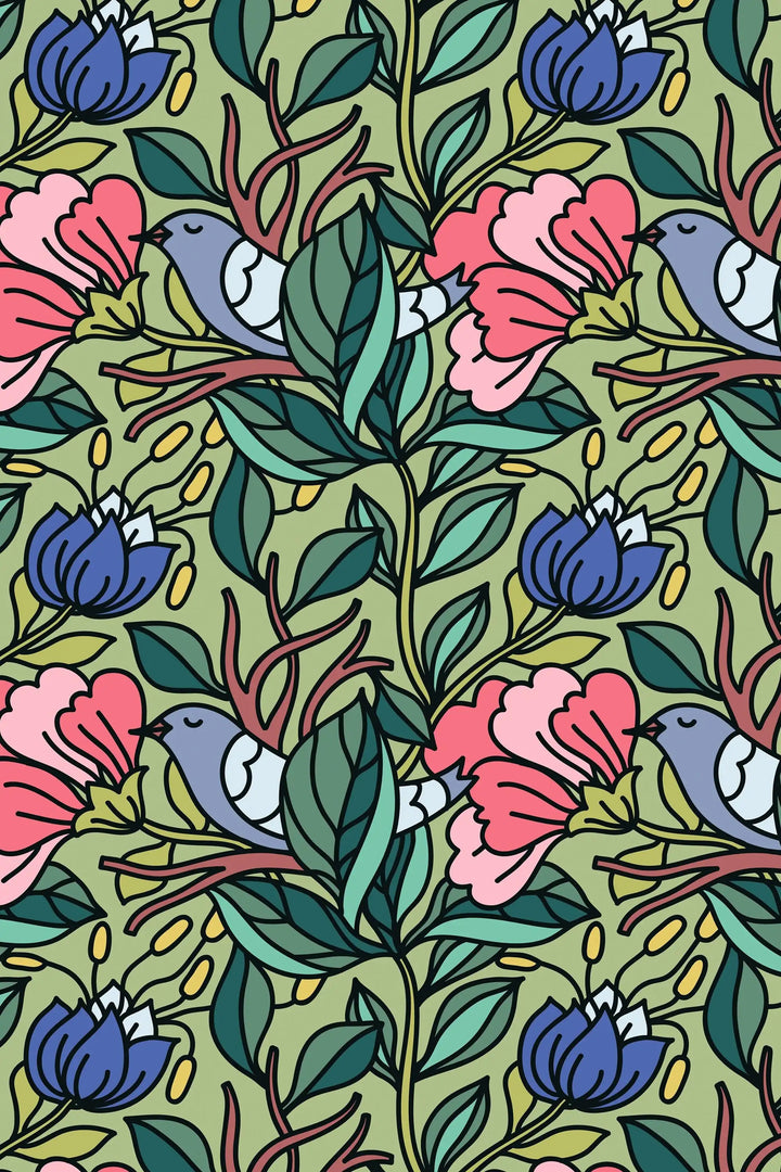 Buds floral and blue birds on green background wallpaper