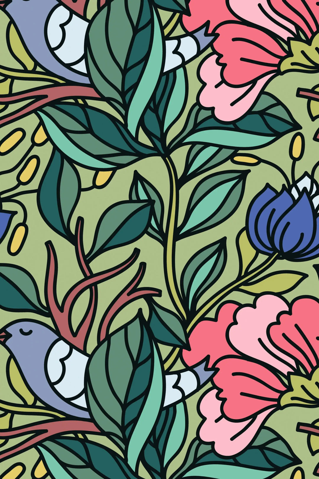 Buds floral and blue birds on green background wallpaper