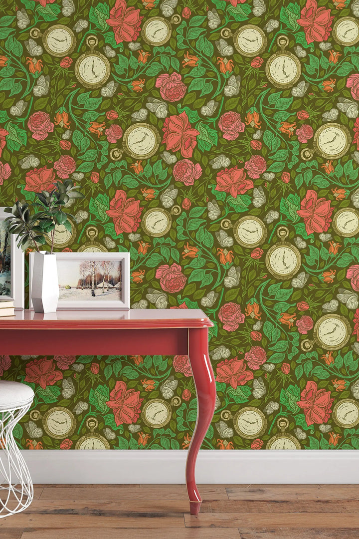 Clocks by flowers wallcovering wallpaper #3204 - Wallpaper