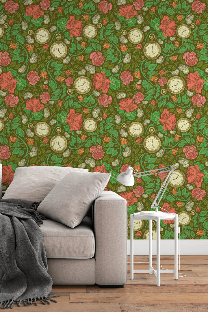 Clocks by flowers wallcovering wallpaper #3204 - Wallpaper