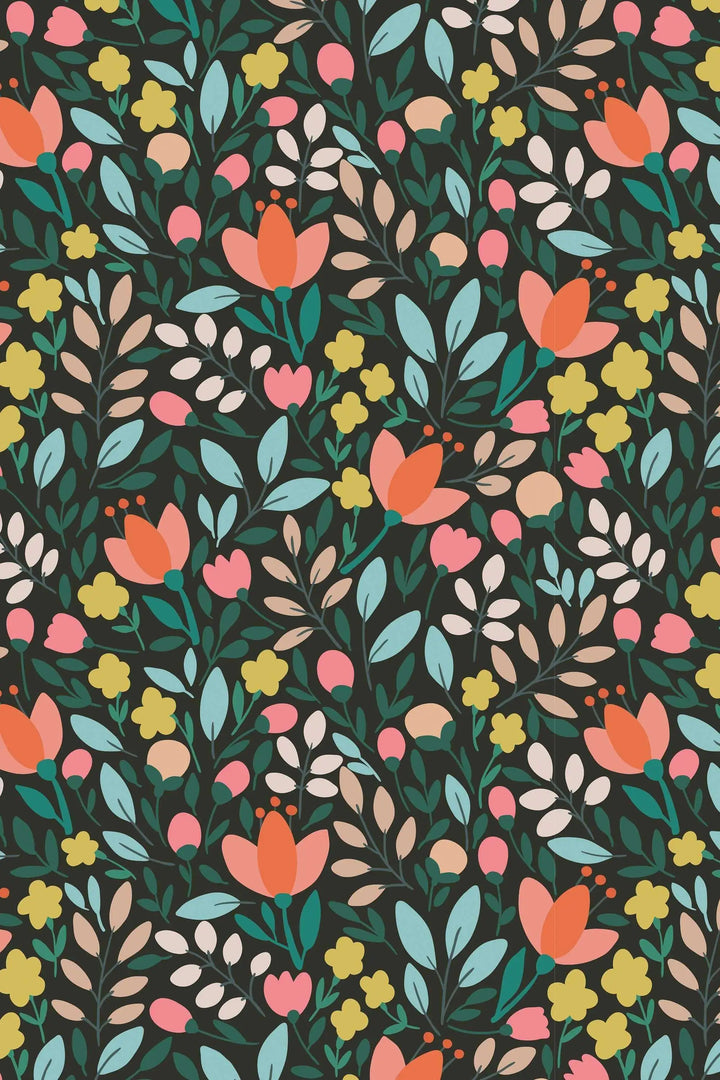 Colorful spring flowers floral pattern on black background