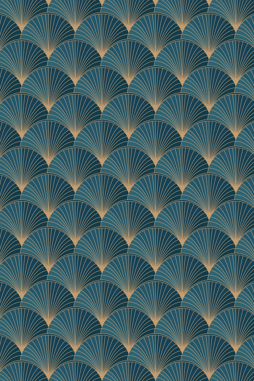 a repeating pattern of blue and gold fan-like shapes arranged in a diagonal line across the frame.