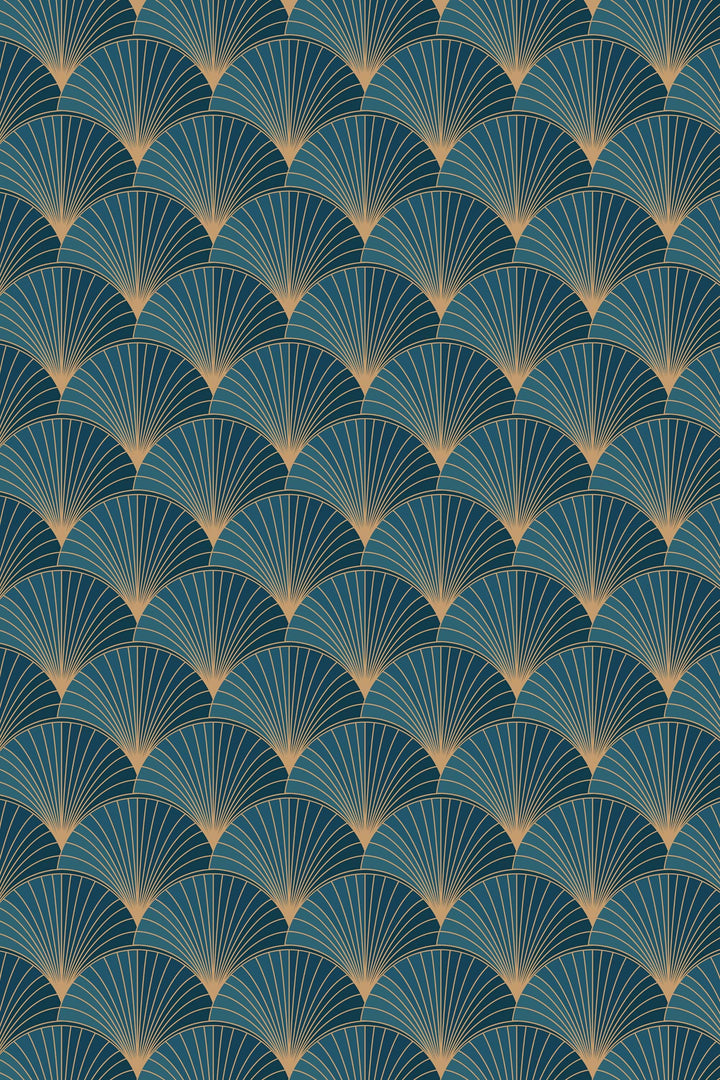 a repeating pattern of blue and gold fan-like shapes arranged in a diagonal line across the frame.