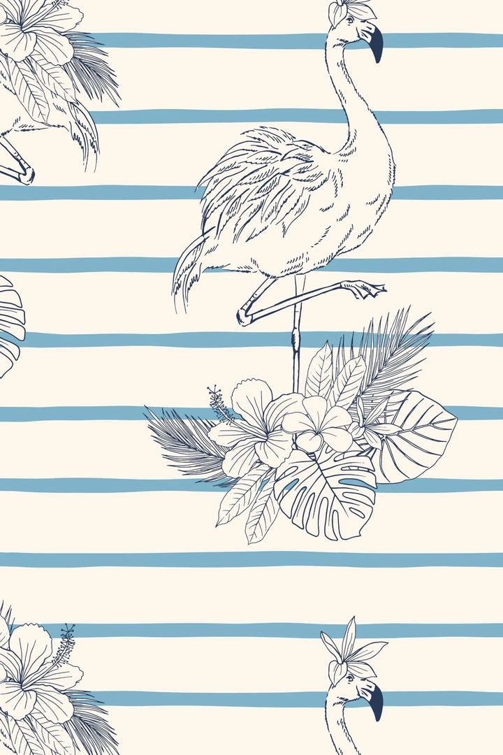 Flamingo with flowers blue on beige background with stripes