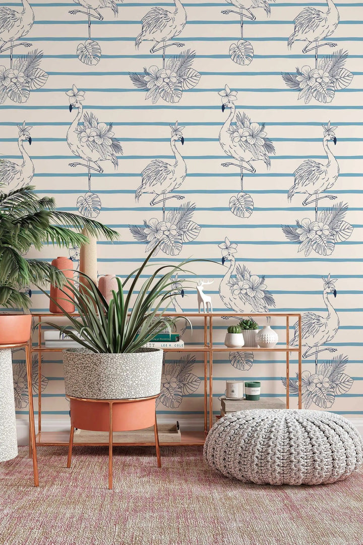 Flamingo with flowers blue on beige background with stripes