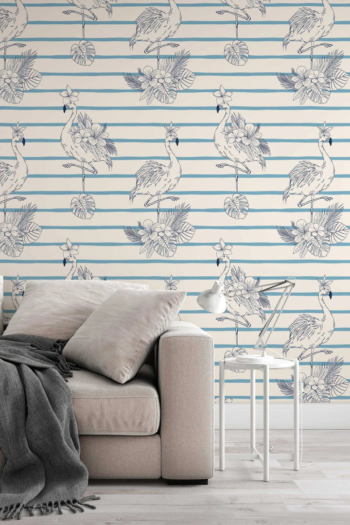 Flamingo with flowers blue on beige background with stripes