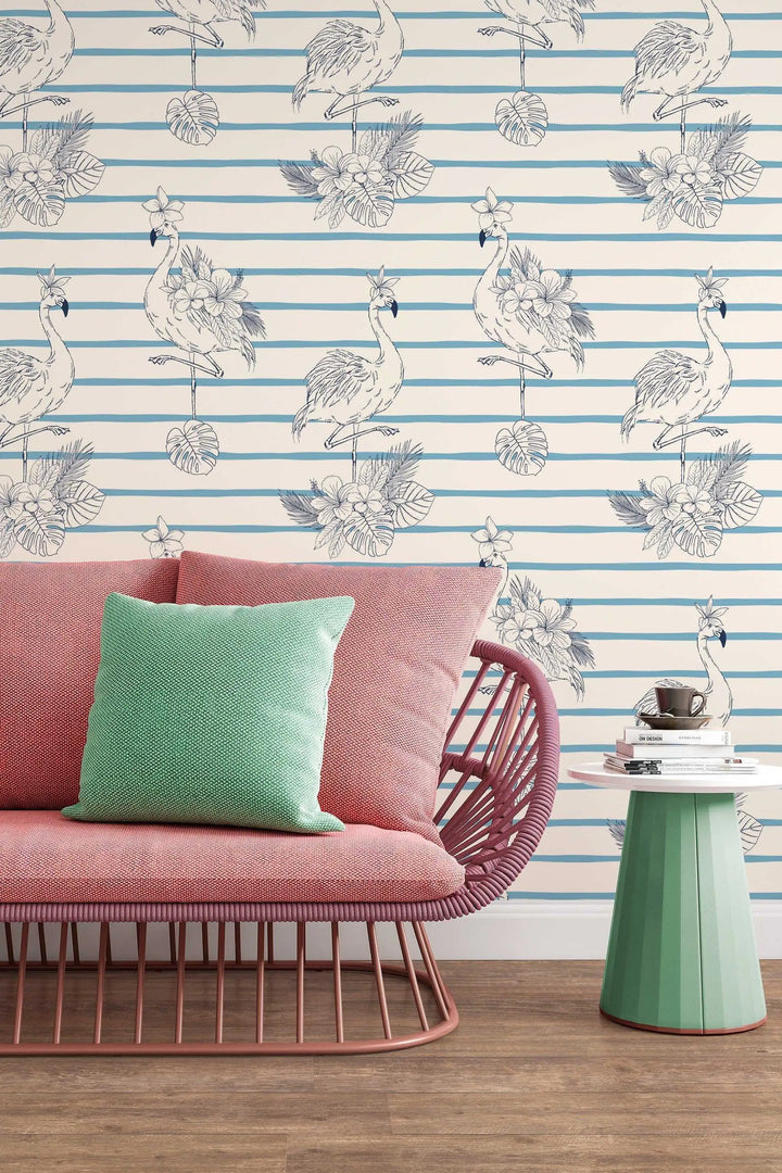 Flamingo with flowers blue on beige background with stripes