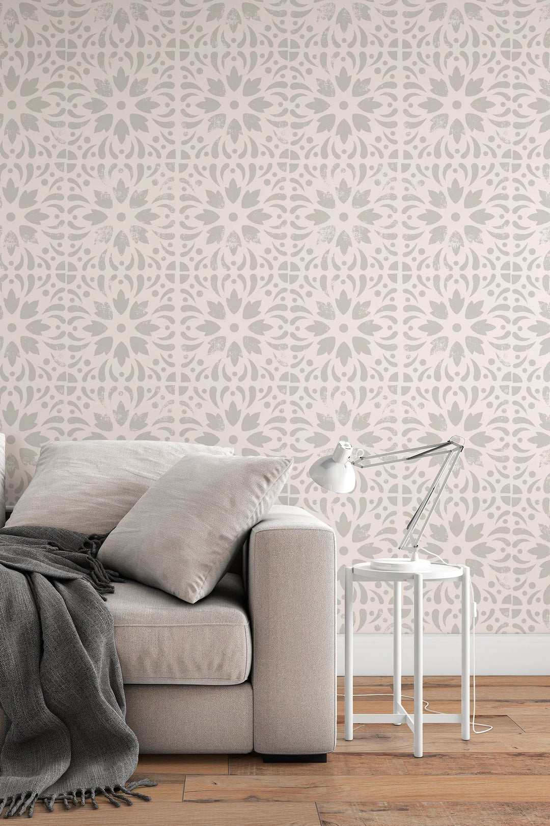 Gray floral stamps on beige Wallcovering Canvas Wallpaper