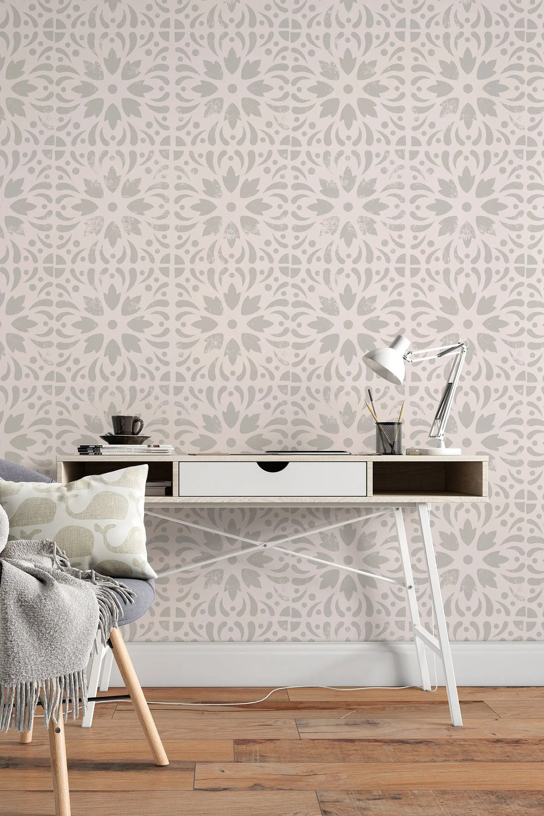 Gray floral stamps on beige Wallcovering Canvas Wallpaper