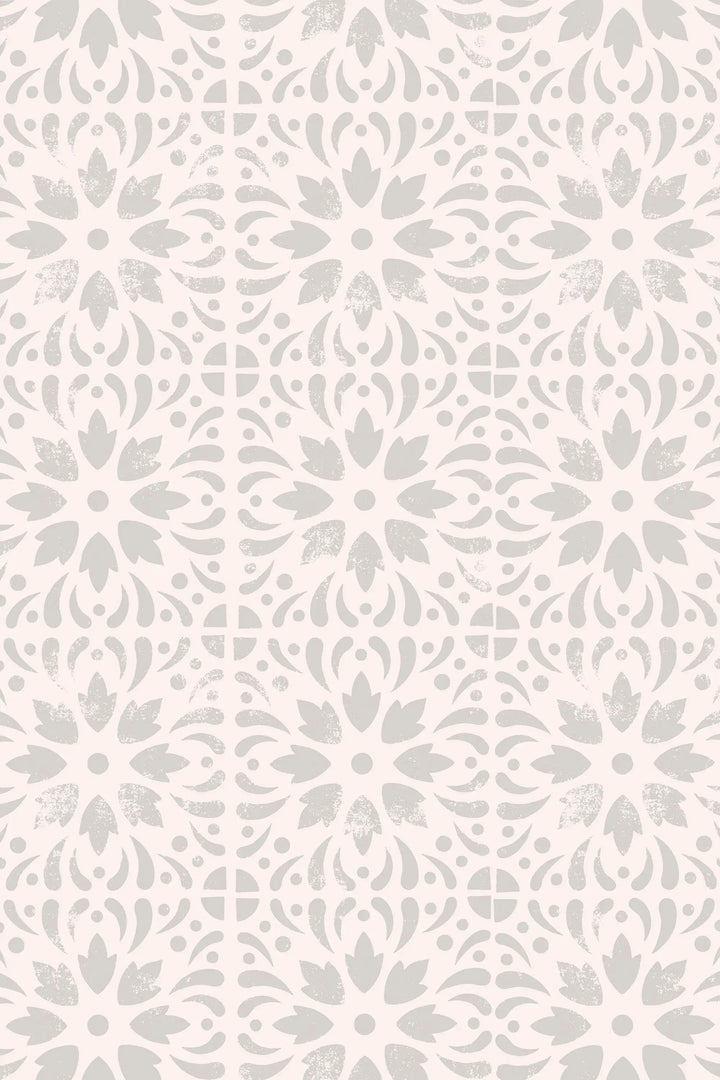 Gray floral stamps on beige Wallcovering Canvas Wallpaper