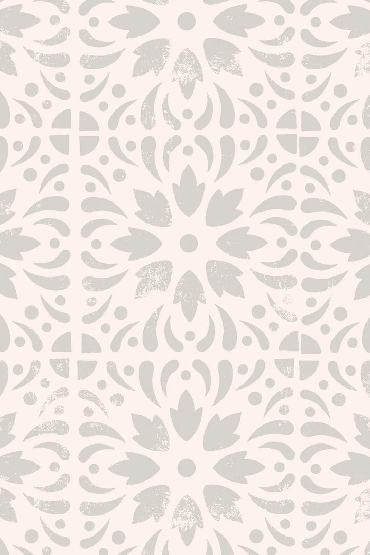 Gray floral stamps on beige Wallcovering Canvas Wallpaper