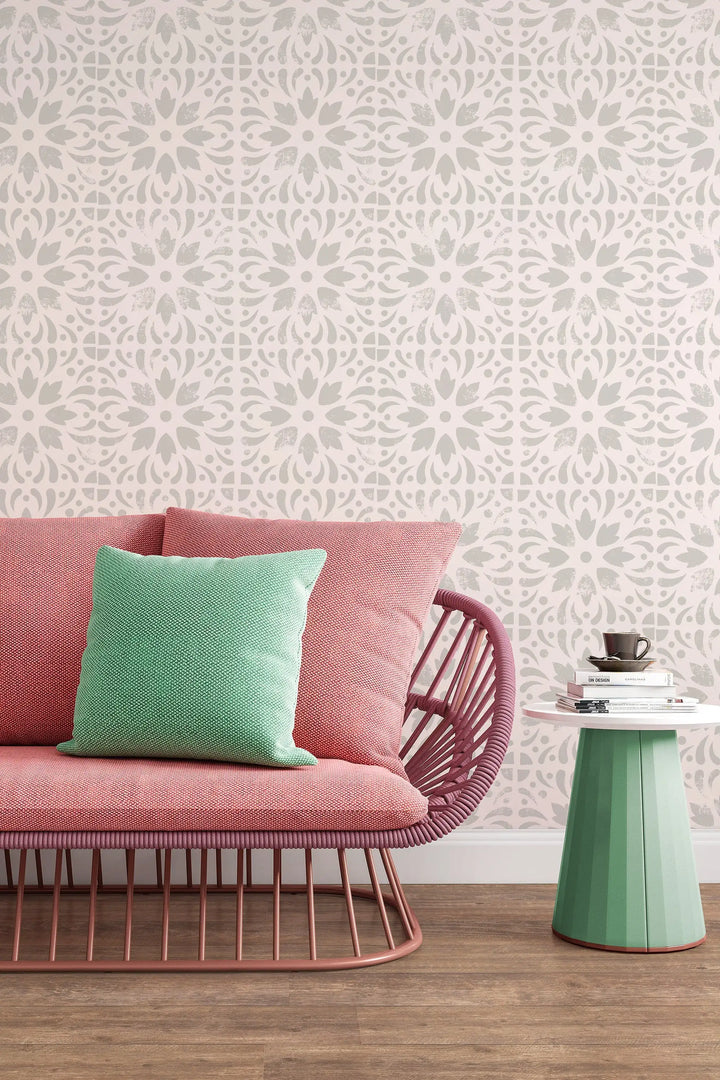 Gray floral stamps on beige Wallcovering Canvas Wallpaper