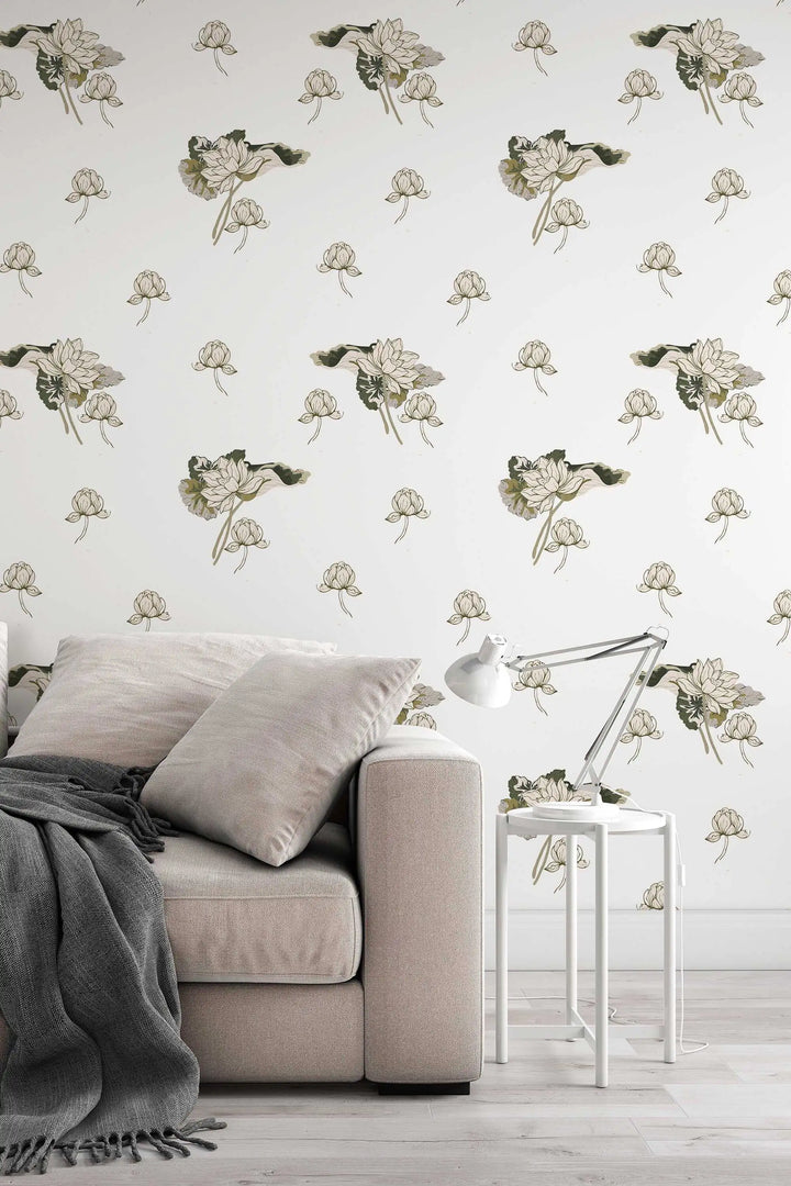 Green and White Lotus Wallpaper wall mural - design #3109