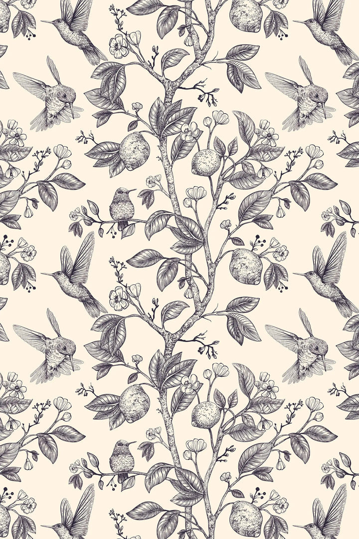 Hummingbird Paradise Gray on Beige Background Wallpaper