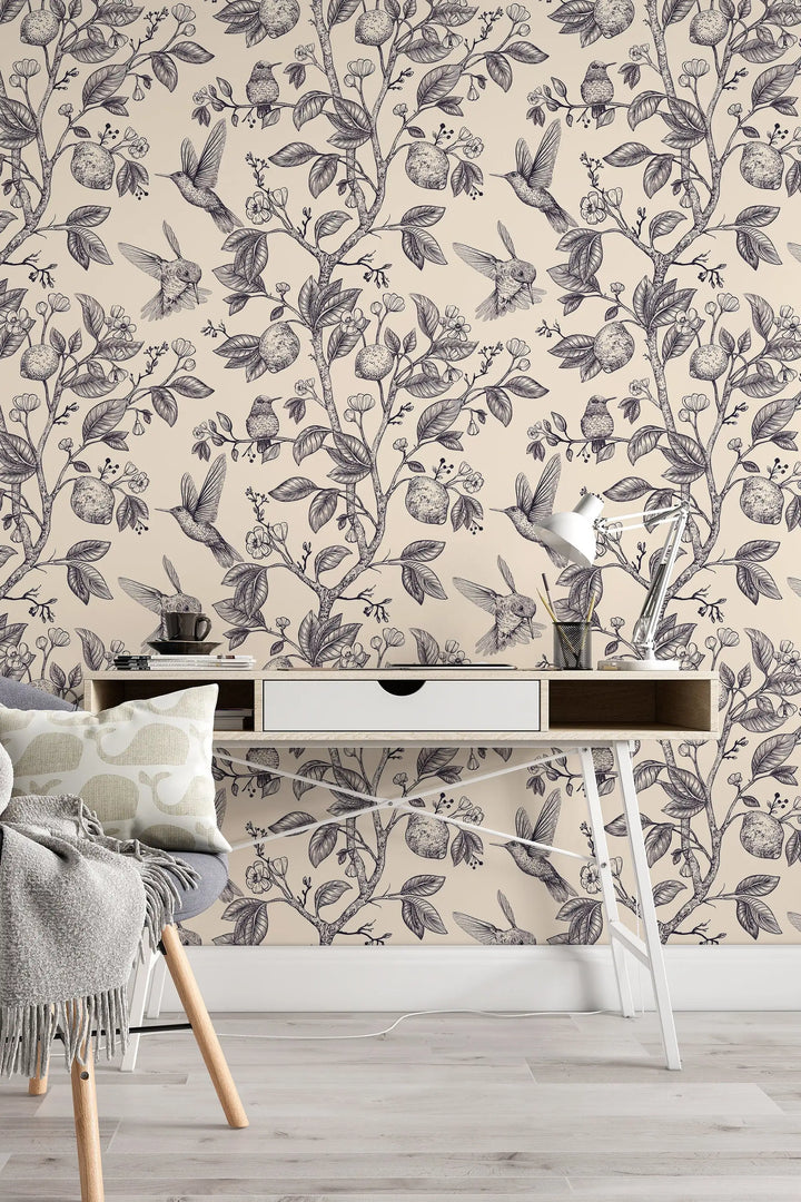 Hummingbird Paradise Gray on Beige Background Wallpaper