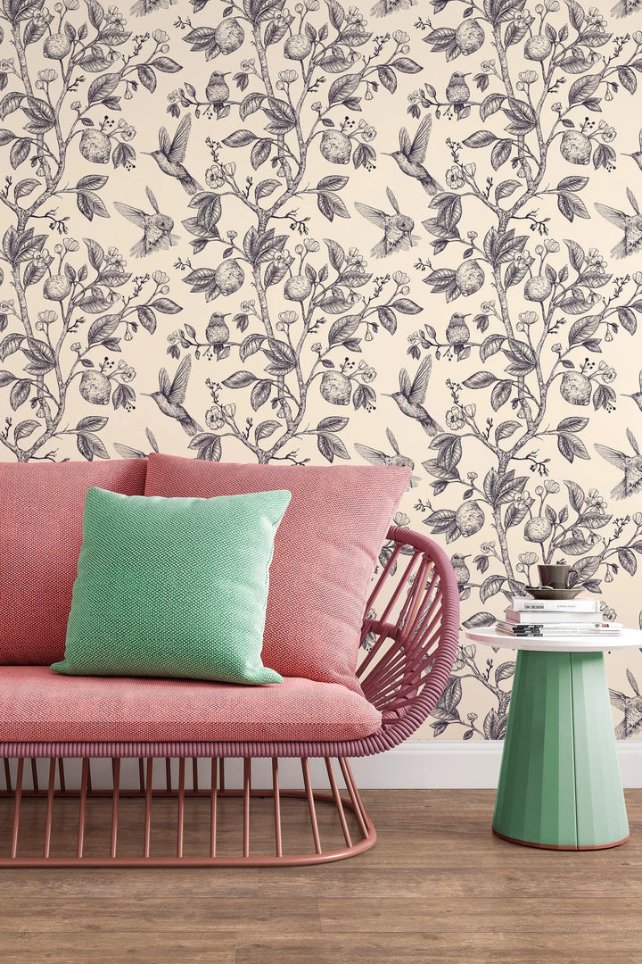 Hummingbird Paradise Gray on Beige Background Wallpaper