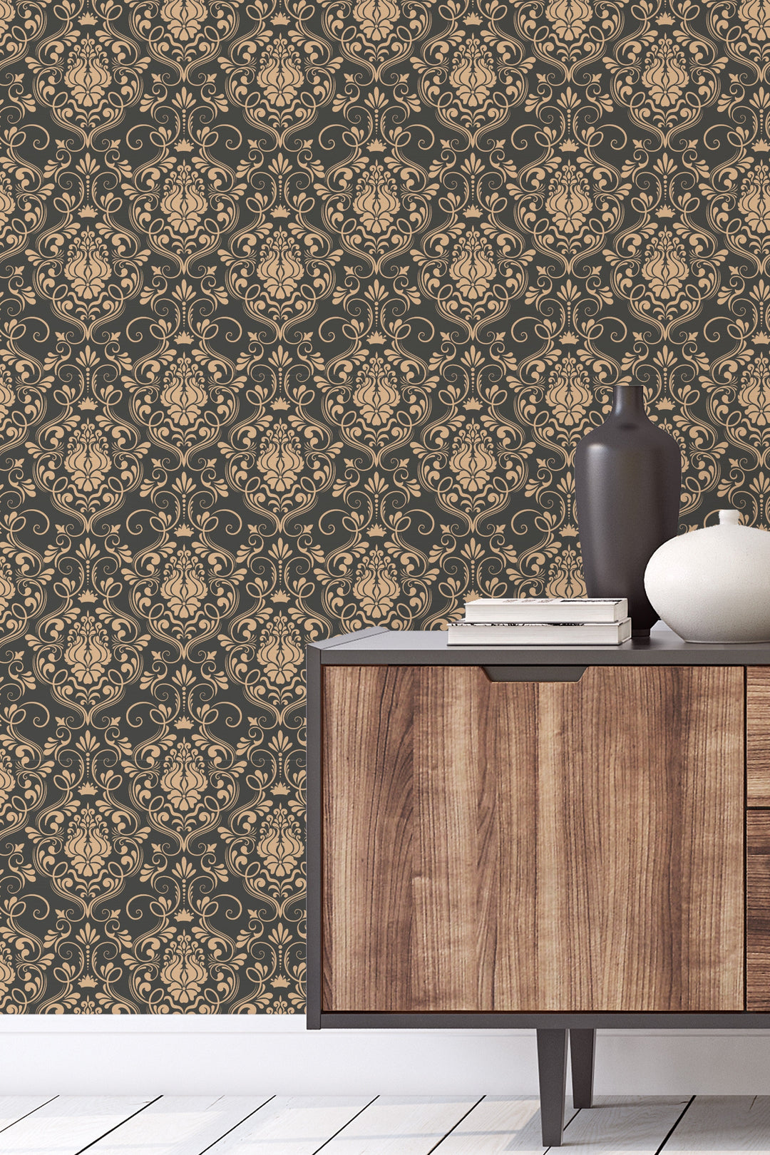 Damask style on dark background, Peel & Stick Wallpaper - Removable Self Adhesive and Traditional wallpaper #3327