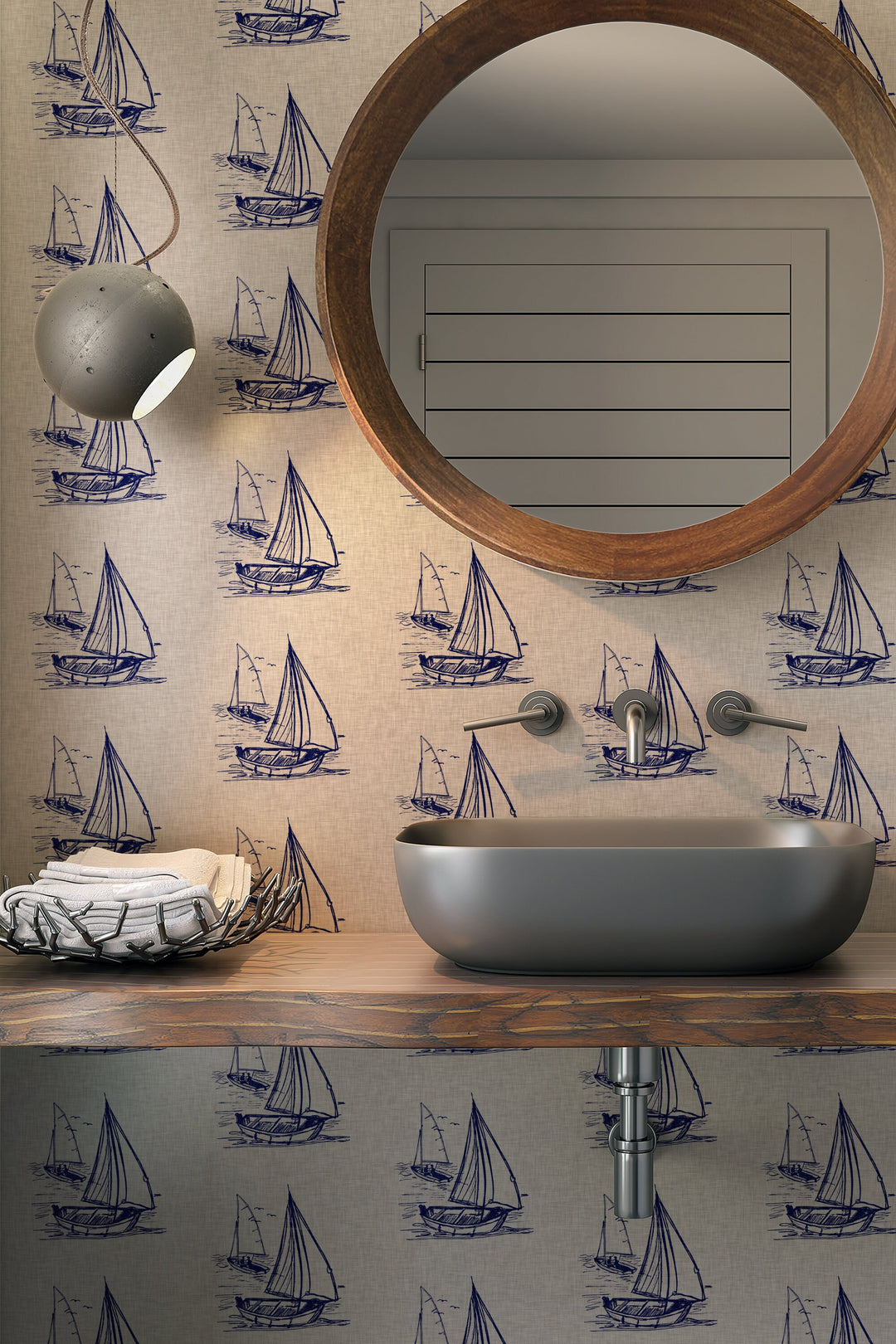Hand drawn ships on a linen background  - Removable wallpaper - Vinyl Peel and Stick Wallpaper design #3329