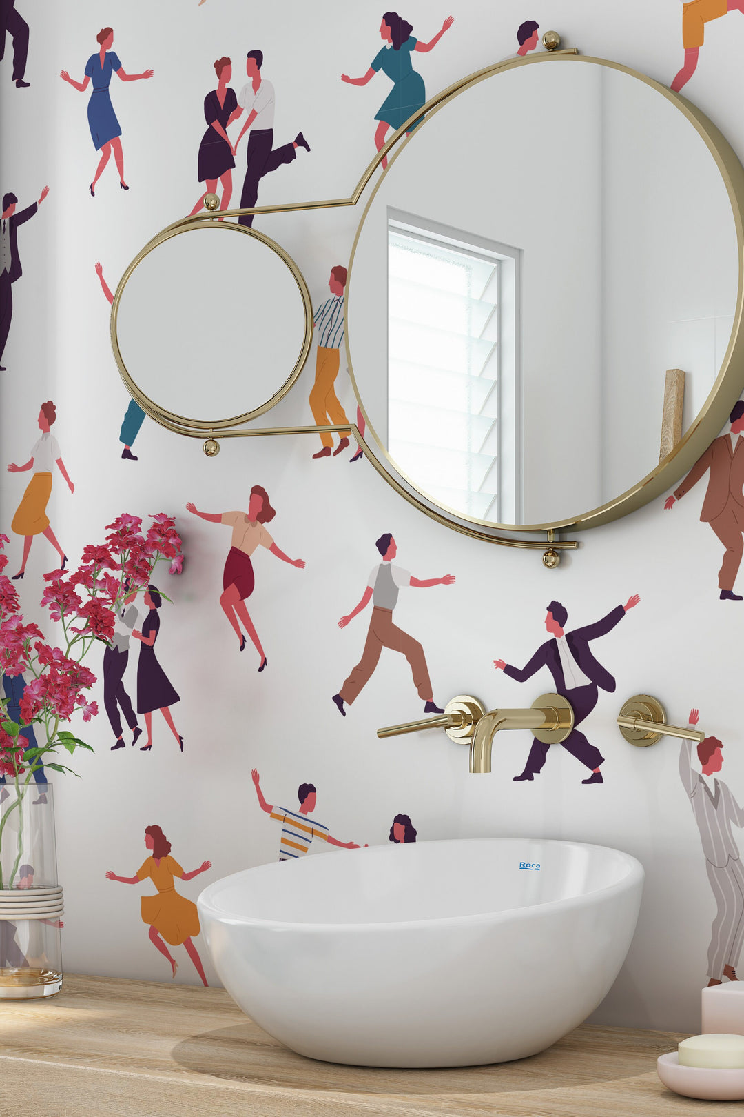 Dancing people Retro White Wallpaper   - Peel & Stick Wallpaper - Removable Self Adhesive and Traditional wallpaper #3553