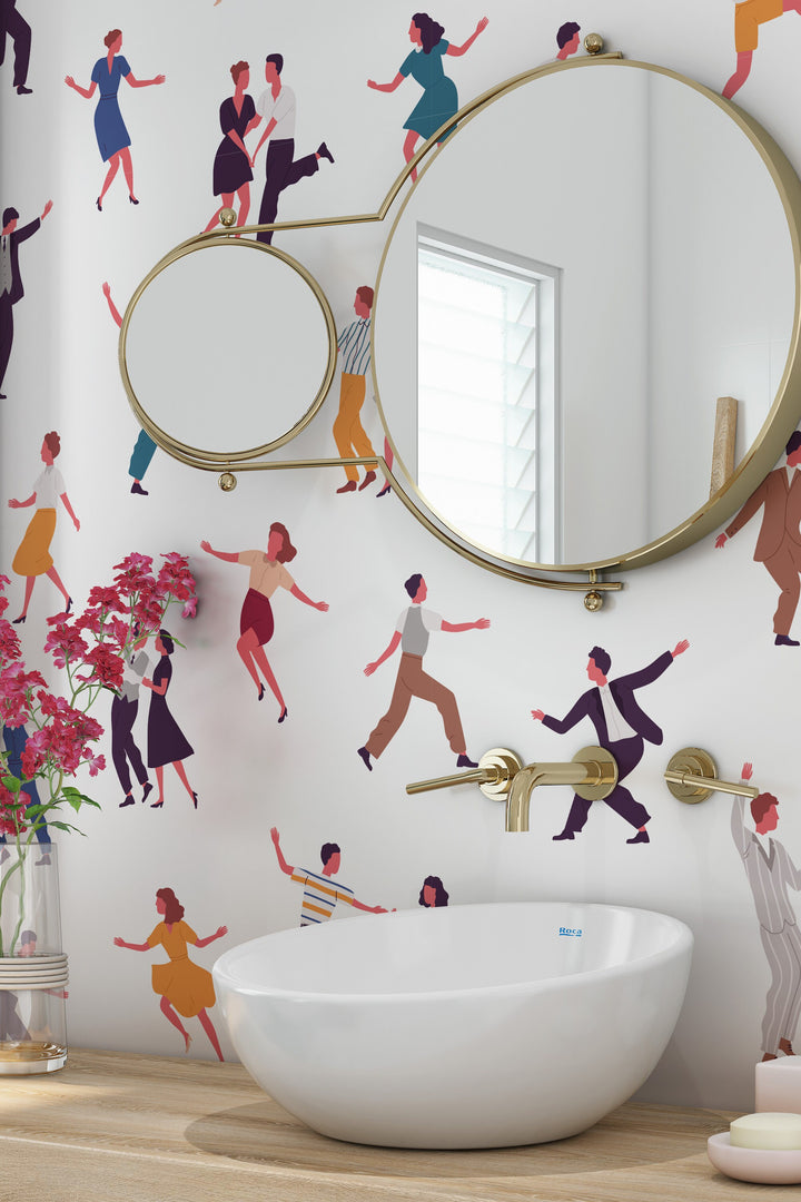 Dancing people Retro White Wallpaper - Peel & Stick