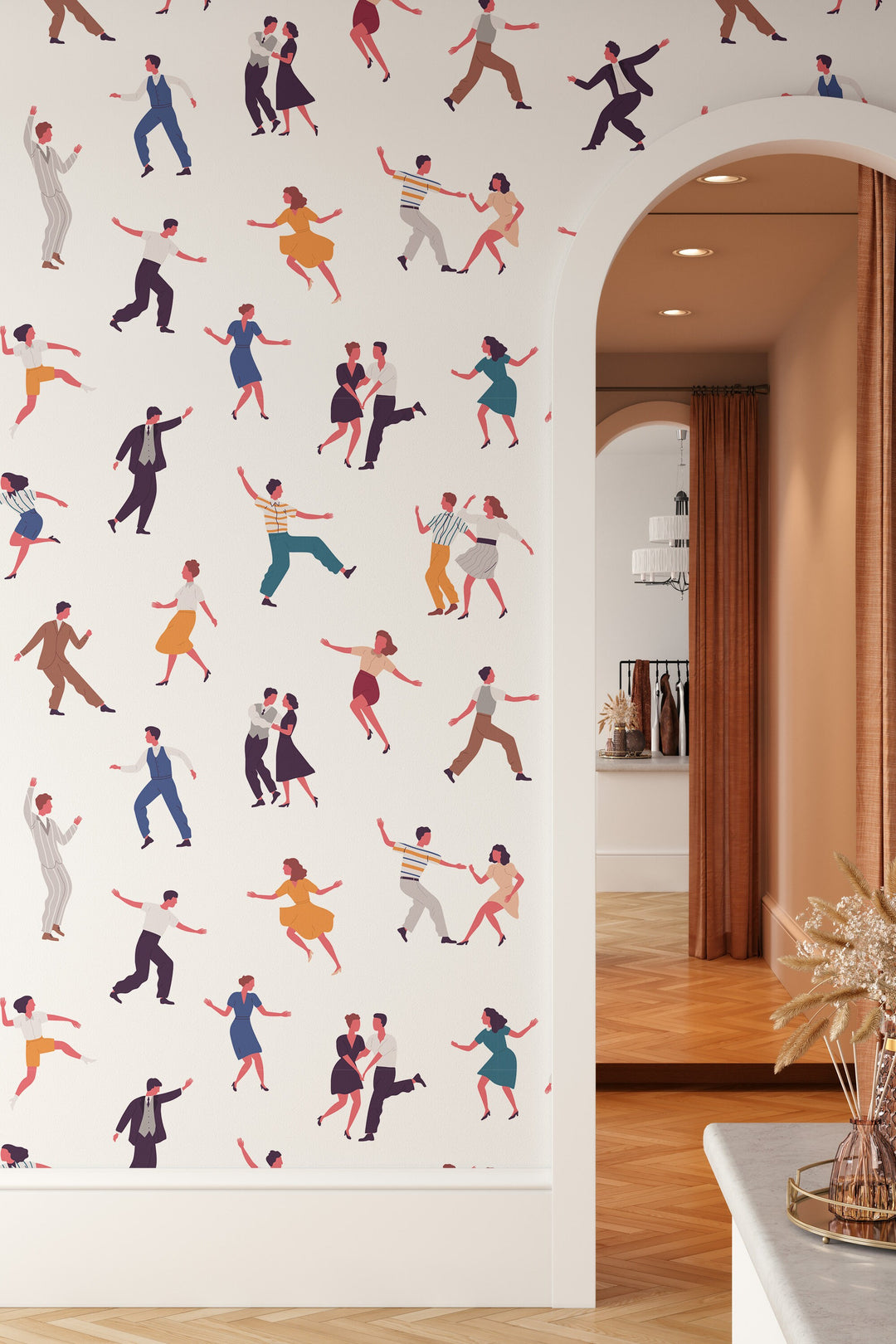 Dancing people Retro White Wallpaper   - Peel & Stick Wallpaper - Removable Self Adhesive and Traditional wallpaper #3553