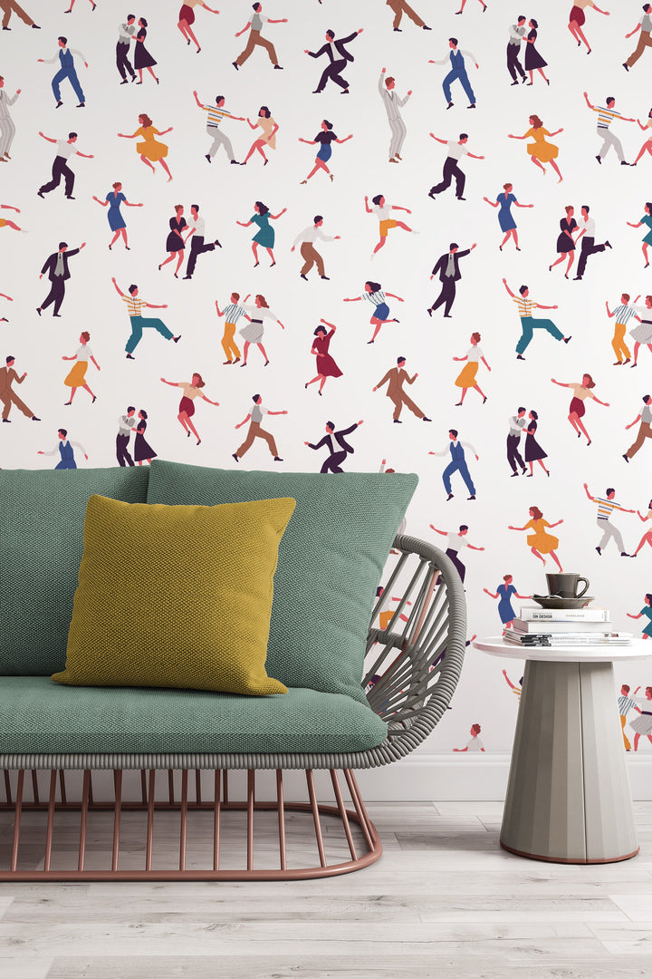 Dancing people Retro White Wallpaper - Peel & Stick