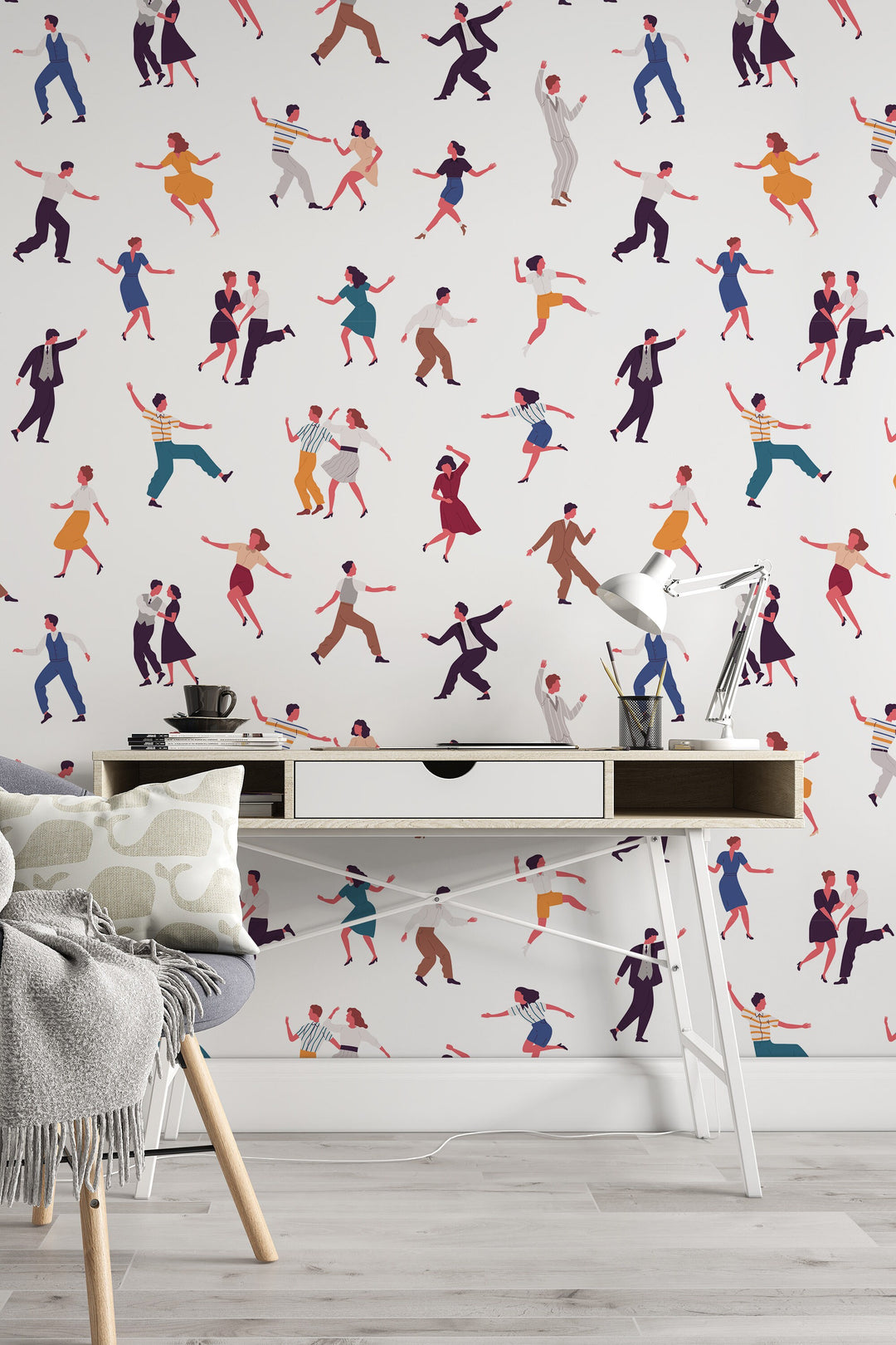 Dancing people Retro White Wallpaper - Peel & Stick