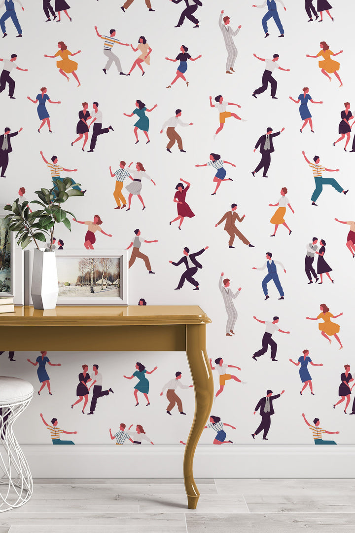 Dancing people Retro White Wallpaper - Peel & Stick