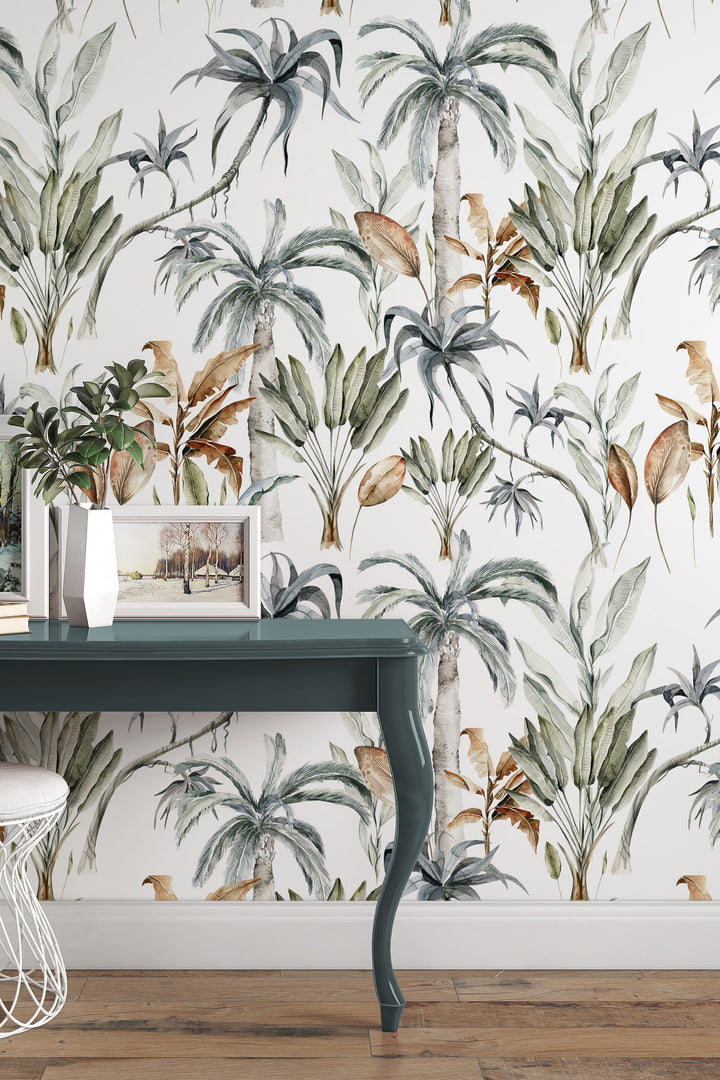 Palm leaves wallpaper, Peel and Stick wallpaper,  Traditional Canvas, tropical  design #3572