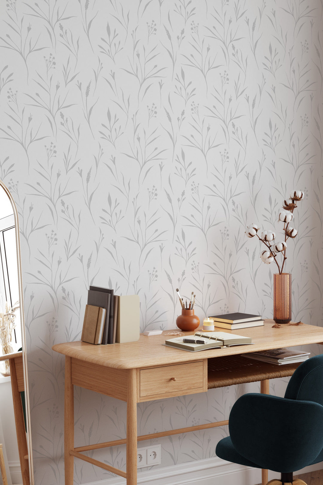 Boho wallpaper, leaves on white Traditional and Peel and Stick wallpaper NEW  #3592