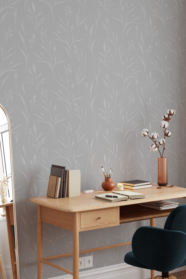 Boho wallpaper, leaves on gray Traditional and Peel and Stick wallpaper NEW  #3593