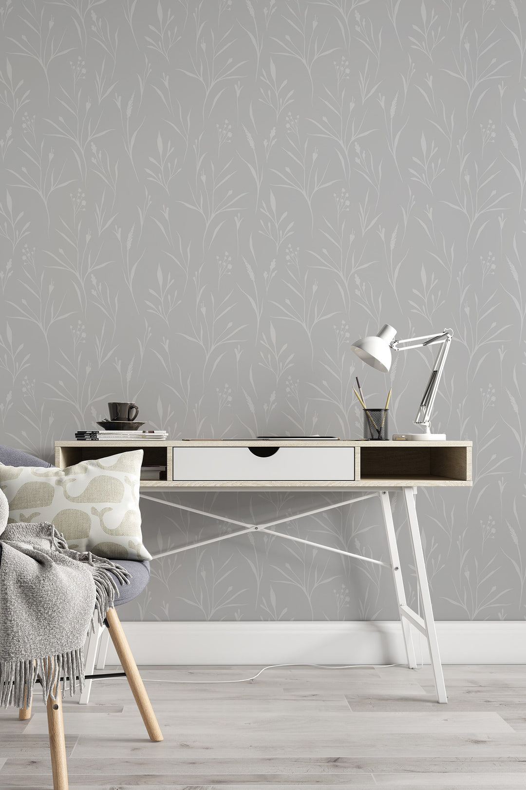 Boho wallpaper leaves on gray Traditional and Peel Stick