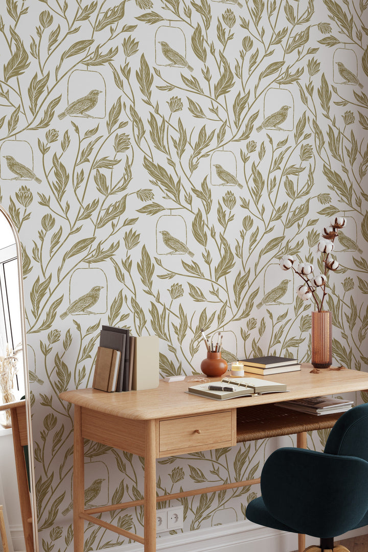 Birds and leaves Wallpaper - Peel & Stick and Traditional wallpaper NEW  #3595