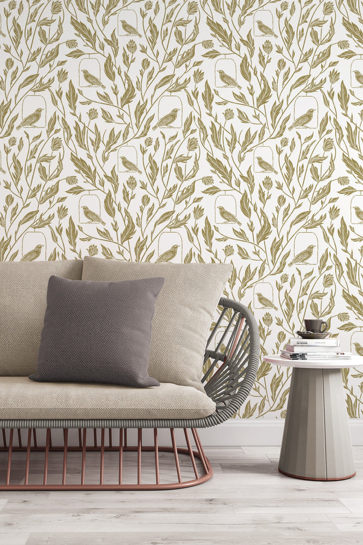 Birds and leaves Wallpaper - Peel & Stick Traditional