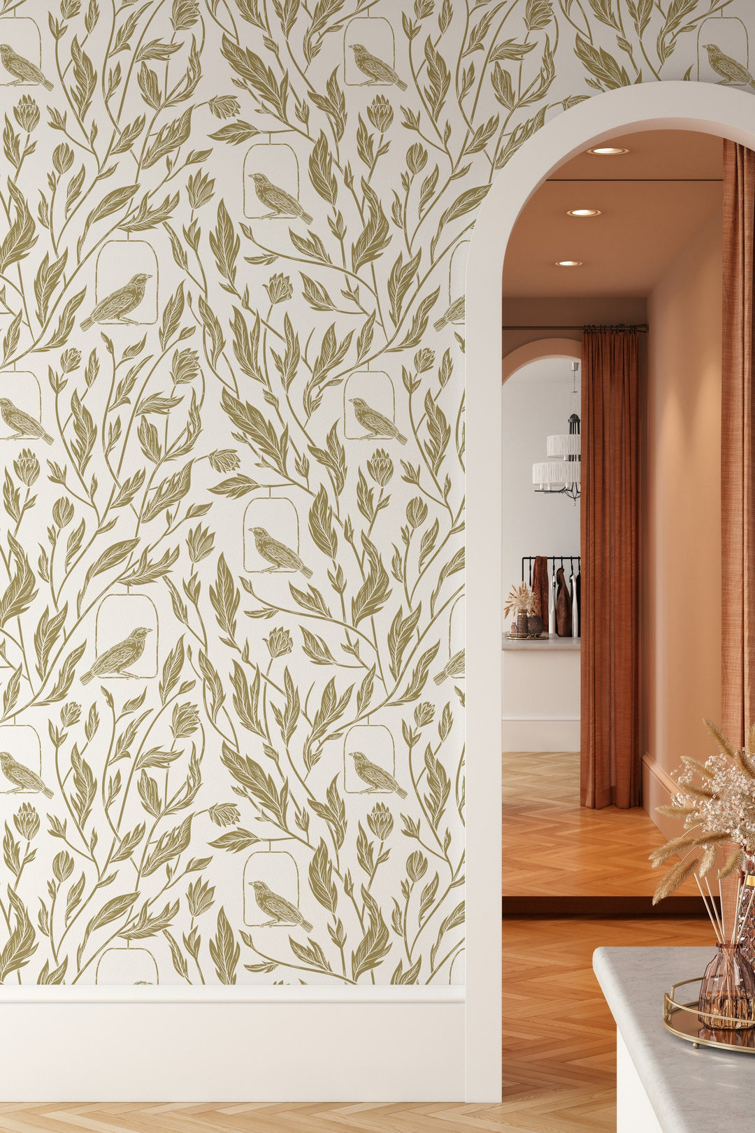 Birds and leaves Wallpaper - Peel & Stick Traditional