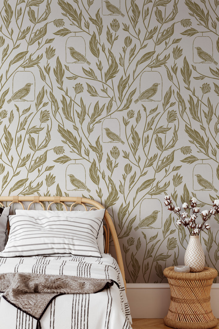 Birds and leaves Wallpaper - Peel & Stick and Traditional wallpaper  #3595