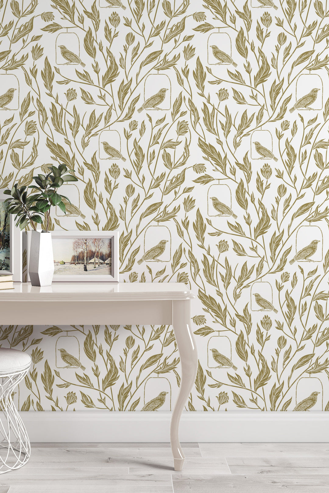 Birds and leaves Wallpaper - Peel & Stick Traditional