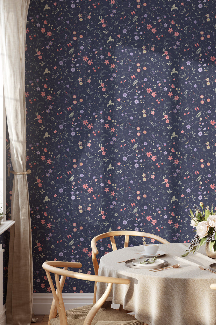 Tiny wildflowers wallpaper, dark background - Peel and Stick wallpaper, Traditional Canvas 3606