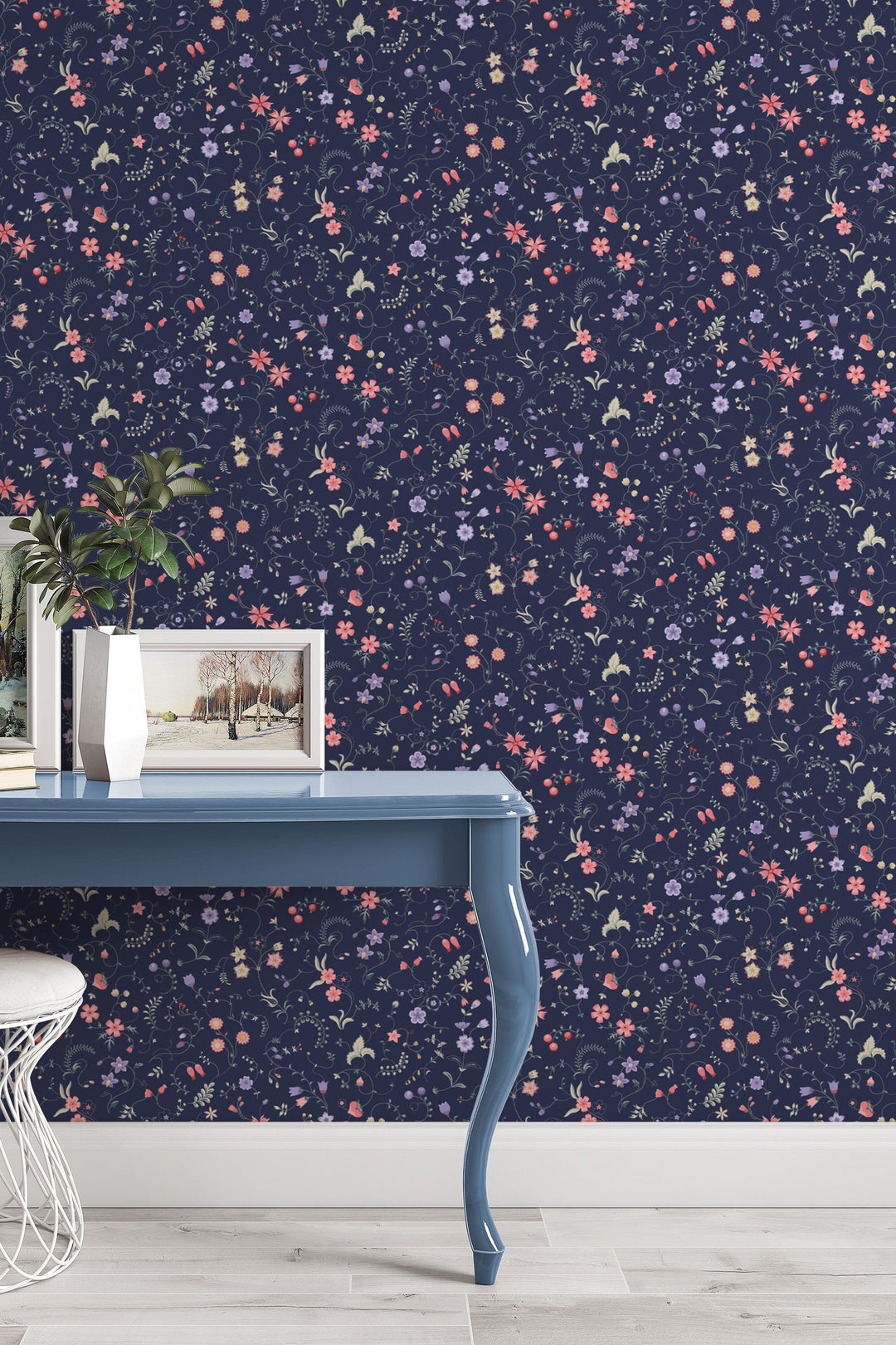 Tiny wildflowers wallpaper, dark background - Peel and Stick wallpaper, Traditional Canvas 3606