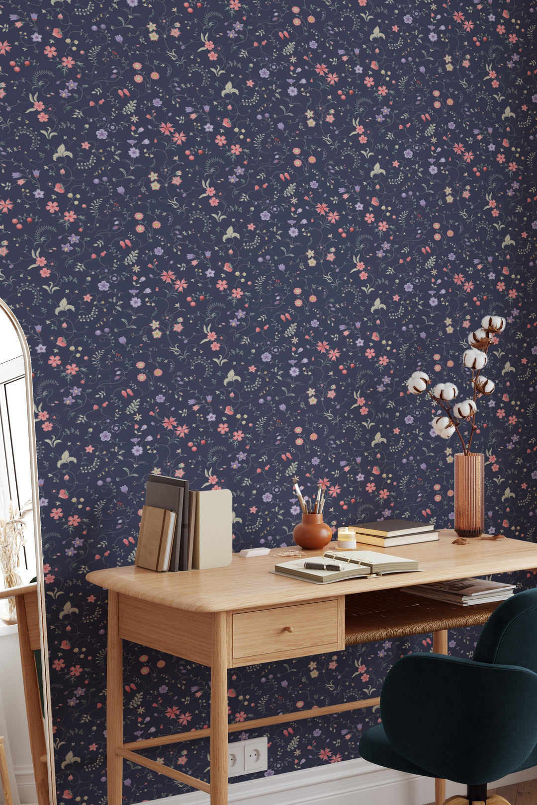 Tiny wildflowers wallpaper, dark background NEW - Peel and Stick wallpaper, Traditional Canvas