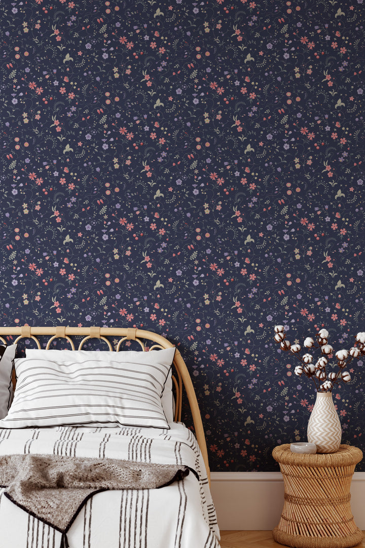 Tiny wildflowers wallpaper, dark background - Peel and Stick wallpaper, Traditional Canvas 3606