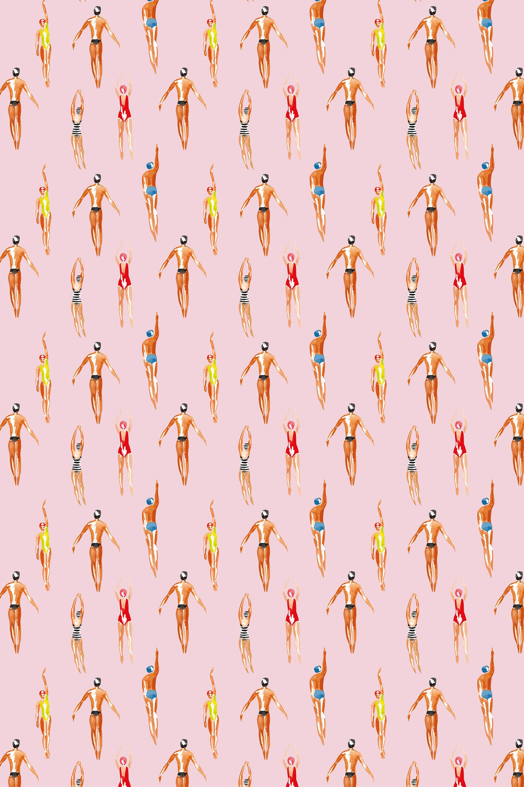 Swimmers Retro Wallpaper Pink Background - Peel & Stick Wallpaper - Removable Self Adhesive and Traditional wallpaper  3641