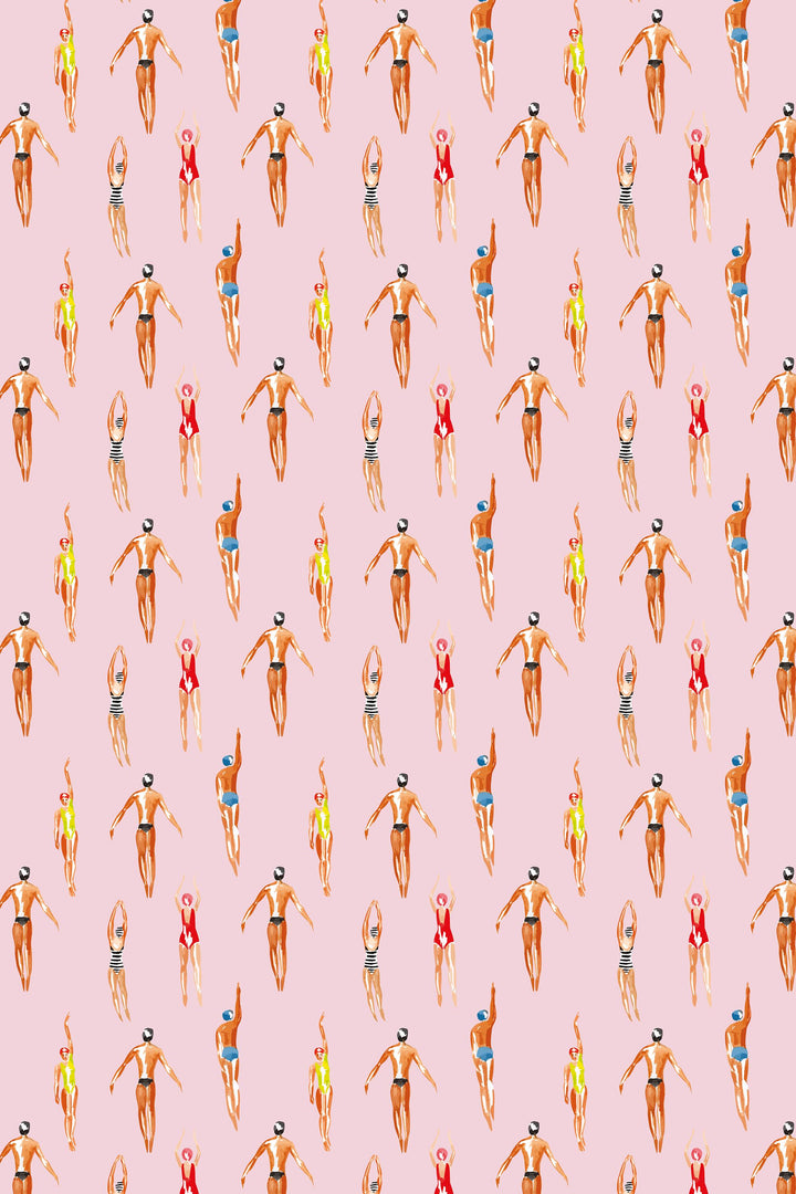 Swimmers Retro Wallpaper Pink Background - Peel & Stick Wallpaper - Removable Self Adhesive and Traditional wallpaper  3641