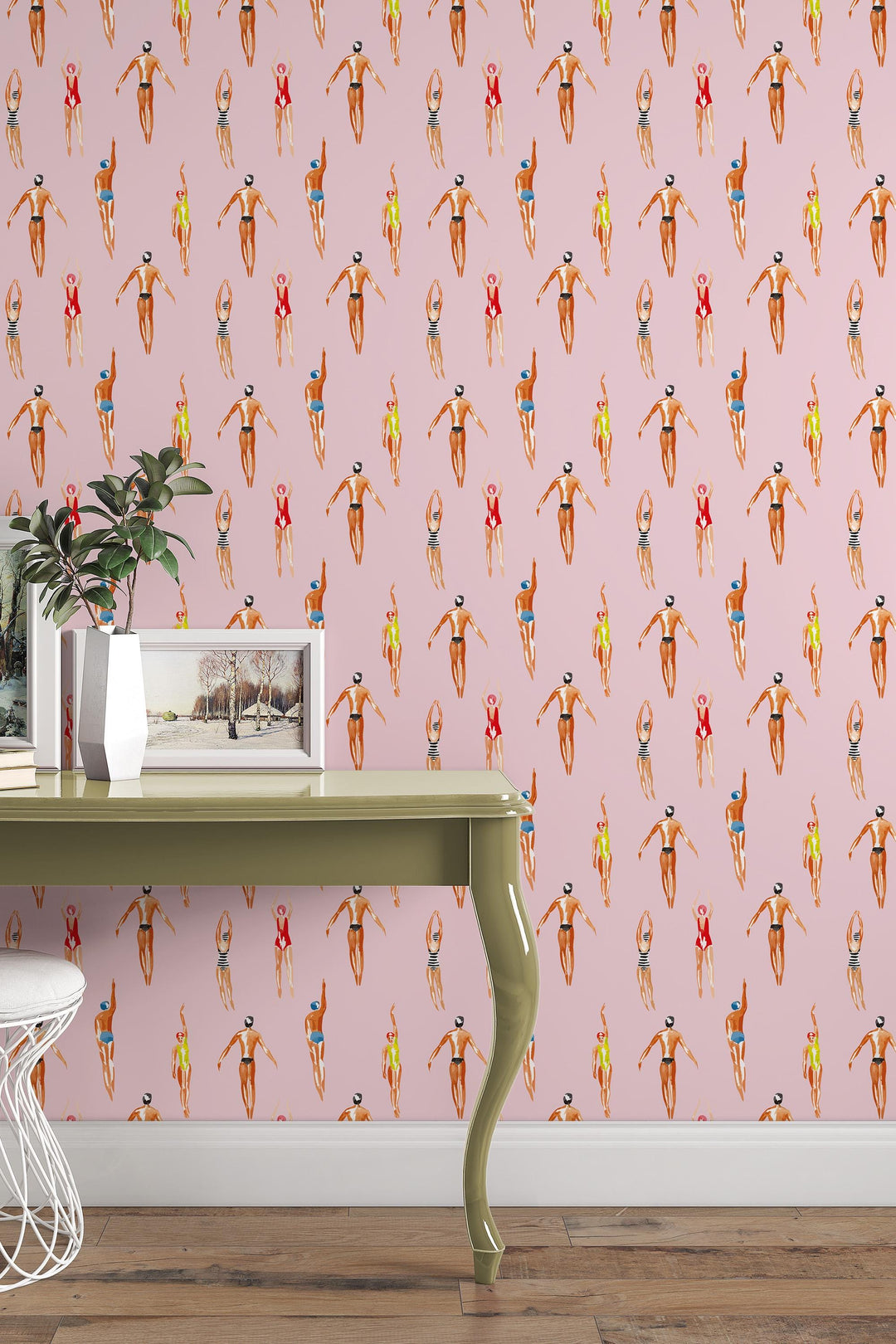 Swimmers Retro Wallpaper Pink Background - Peel & Stick Wallpaper - Removable Self Adhesive and Traditional wallpaper  3641