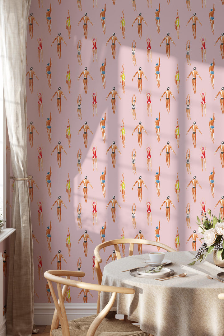 Swimmers Retro Wallpaper Pink Background - Peel & Stick Wallpaper - Removable Self Adhesive and Traditional wallpaper  3641