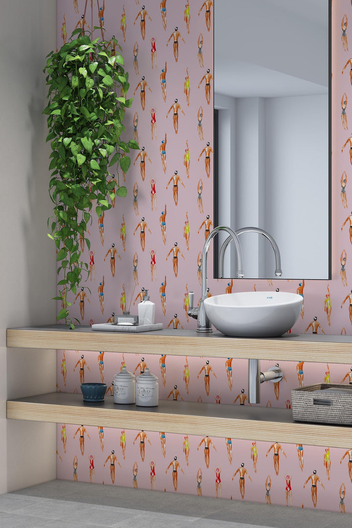 Swimmers Retro Wallpaper Pink Background - Peel & Stick Wallpaper - Removable Self Adhesive and Traditional wallpaper  3641