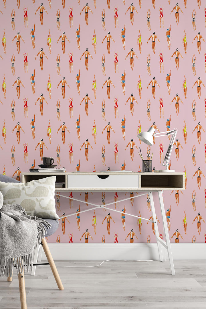 Swimmers Retro Wallpaper Pink Background - Peel & Stick Wallpaper - Removable Self Adhesive and Traditional wallpaper  3641