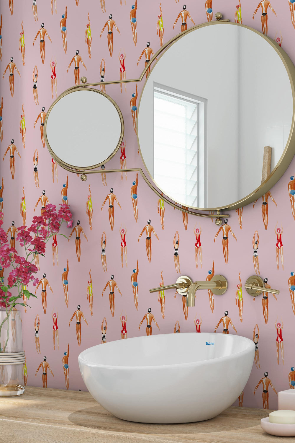 Swimmers Retro Wallpaper Pink Background - Peel & Stick Wallpaper - Removable Self Adhesive and Traditional wallpaper  3641