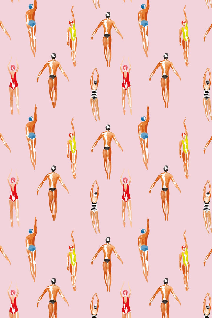 Swimmers Retro Wallpaper Pink Background - Peel & Stick Wallpaper - Removable Self Adhesive and Traditional wallpaper  3641